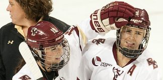 Courtney Kennedy (BC - Associate Head Coach), Danielle Doherty (BC - 19), Alex Carpenter (BC - 5) - The Boston College Eagles defeated the visiting Syracuse University Orange 10-2 on Saturday, October 4, 2014, at Kelley Rink in Conte Forum in Chestnut Hill, Massachusetts. (Melissa Wade)