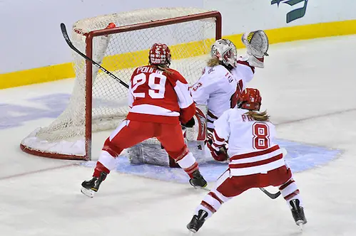 2011 Womens Frozen Four; #29 Marie-Philip Poulin lifting a perfectly placed shot into the far upper corner for Boston U. - Copyright 2011 Angelo Lisuzzo (Angelo Lisuzzo)