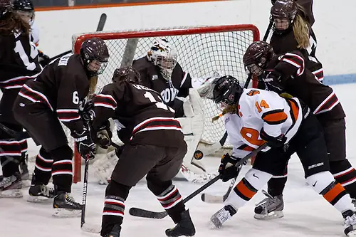 Denna Laing (Princeton -14) takes a shot on Aubree Moore (Brown - 35) as Kelly Micholson (Brown - 6), Vanessa Welten (Brown - 11), and Victoria Smith (Brown - 7) defend the rebound. (Shelley M. Szwast)