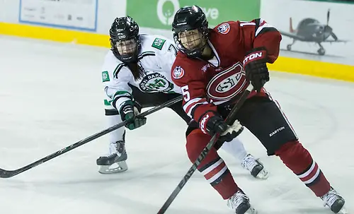 29 Nov.14:  University of North Dakota hosts St. Cloud State University in a WCHA match-up at the Ralph Engelstad Arena in Grand Forks, ND Lexi Slattery (St.Cloud State University-15) Jordan Hampton (North Dakota-7) (Bradley K. Olson)