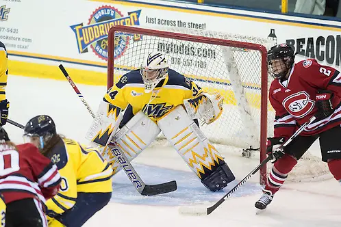 Samantha Ridgewell in net for Merrimack Samantha Ridgewell in net for Merrimack against St. Cloud State on Oct. 2, 2015 (Mike Gridley/Photo: Mike Gridley)