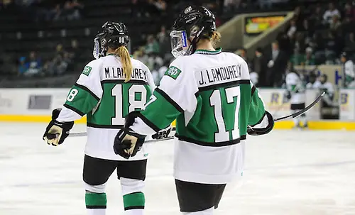 Players on the 2012-2013 All-USCHO D-I Women's teams (Monique and Jocelyne Lamoureux). (Matt Clemetson/North Dakota Athletics)