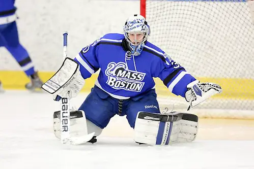 Photo By: Paul Brandon Photography Senior Billy Faust made 42 saves, including 15 in the third period, to back Massachusetts-Boston's 2-0 upset win over Hobart on Saturday night. (Paul Brandon Photography)