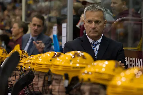 Photo By: Jim Rosvold 16 Oct 15: Don Lucia (Minnesota - Head Coach). The University of Minnesota Duluth Bulldogs play against the University of Minnesota Golden Gophers in a non-conference matchup at Mariucci Arena in Minneapolis, MN. (Jim Rosvold)