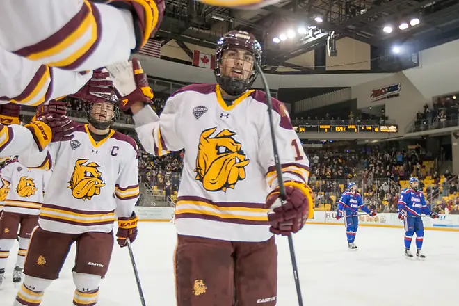 30 Oct 15: Alex Iafallo (Minnesota Duluth - 14). The University of Massachusetts Lowell River Hawks play against the University of Minnesota Duluth Bulldogs in a non-conference matchup at Amsoil Arena in Duluth, MN. (Jim Rosvold/USCHO.com)