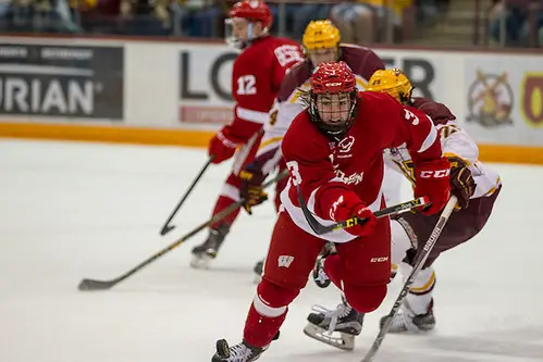 11 Mar 16:  Corbin McGuire (Wisconsin - 3).  The University of Minnesota Golden Gophers host the University of Wisconsin Badgers in a B1G Conference matchup at Mariucci Arena in Minneapolis, MN (Jim Rosvold/University of Minnesota)