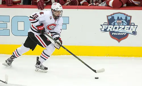 Mikey Eyssimont (SCSU-19) 16 March 18 St. Cloud State University  and Denver University National Collegiate Hockey Conference Tournament match-up at the Target Center in Minneapolis, Minnesota (Bradley K. Olson)