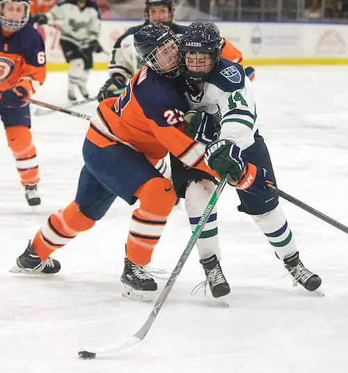 Megan Quinn (23 - Syracuse) collides with Rachael Smith (14 - Mercyhurst) (Omar Phillips)