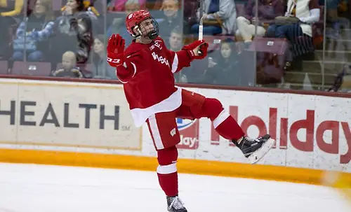 Photo By: Jim Rosvold/University of Minnesota 11 Mar 16: Luke Kunin (Wisconsin - 9). The University of Minnesota Golden Gophers host the University of Wisconsin Badgers in a B1G Conference matchup at Mariucci Arena in Minneapolis, MN (Jim Rosvold/University of Minnesota)