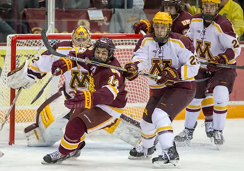 Photo By: Jim Rosvold 14 Nov 14: Adam Wilcox (Minnesota - 32), Alex Iafallo (Minnesota Duluth - 14), Christian Isackson (Minnesota - 26). The University of Minnesota Golden Gophers host the University of Minnesota Duluth Bulldogs in a non-conference matchup at Mariucci Arena in Minneapolis, MN (Jim Rosvold)