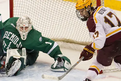 23 Jan 16:  Michael Bitzer (Bemidji State - 1), Tommy Novak (Minnesota -17). The University of Minnesota Golden Gophers play against the Bemidji State University Beavers in a North Star College Cup semifinal matchup at the Xcel Energy Center in St. Paul, MN. (Jim Rosvold)