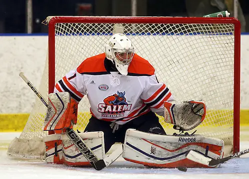 Salem State goaltender Marcus Zelzer is focused on leading the Vikings to back-to-back conference titles and success in the NCAA tournament next spring (Photo by David Le) (David Le)