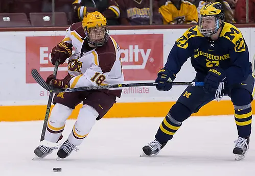 13 Jan 16:  The University of Minnesota Golden Gophers host the University of Michigan Wolverines in a B1G matchup at Mariucci Arena in Minneapolis, MN. (Jim Rosvold)