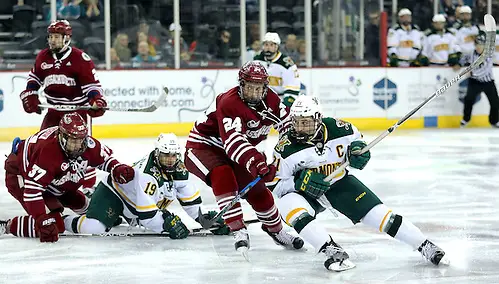 Friendship Four - Vermont Catamounts v UMass Minutemen Press Eye - Belfast - Northern Ireland - 25th November 2016 - Photo by William Cherry Vermont Catamounts' Mario Puskarich with UMass Minutemen's Shane Bear during Friday afternoons Friendship Four game at the SSE Arena, Belfast. Four teams from the USA are competing in the NCAA mens ice-hockey tournament in the hope of winning the Belpot Trophy. Photo William Cherry/Presseye (©William Cherry / Presseye)