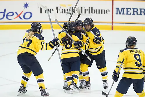 (L-R) Jessica Bonfe, Paige Voight, Marie Delarbre, and Dominique Kremer celebrate a goal against St. Cloud State on Oct. 2, 2015 (L-R) Jessica Bonfe, Paige Voight, Marie Delarbre, and Dominique Kremer celebrate a goal against St. Cloud State on Oct. 2, 2015 (Mike Gridley/Photo: Mike Gridley)