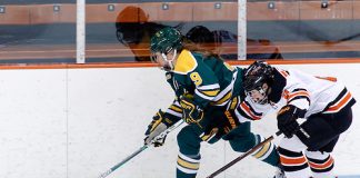 Genevieve Bannon (Clarkson - 9) plays the puck as Molly Strabley (Princeton - 2) gives chase. ((c) Shelley M. Szwast 2016)