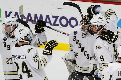 Nov 5, 2016:  Chris Dienes (WMU - 9), Paul Stoykewych (WMU - 24), Trevor Gorsuch (WMU - 35), Taylor Fleming (WMU - 20)  The Western Michigan Broncos beat the visiting Miami RedHawks 5-2 at Lawson Ice Arena in Kalamazoo, MI. (Rachel Lewis)