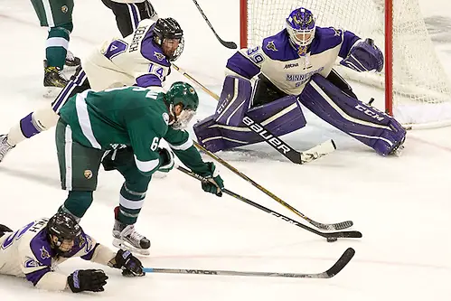 11 Nov 16:  Michael Bigelbach (Minnesota State - 14), Jay Dickman (Bemidji State - 6)The Minnesota State University Mavericks host the Bemidji State University Beavers in a WCHA matchup at the Verizon Wireless Center in Mankato, MN. (Jim Rosvold/USHCO.com)