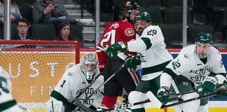 27 Jan 17: The Saint Cloud State University Huskies play against the Bemidji State University Beavers in a quarterfinal game of the North Star College Cup at the Xcel Energy Center in St. Paul, MN. (Jim Rosvold)