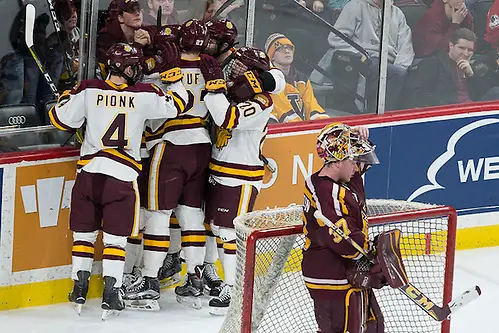 27 Jan 17: The University of Minnesota Golden Gophers play against the University of Minnesota Duluth Bulldogs in a quarterfinal game of the North Star College Cup at the Xcel Energy Center in St. Paul, MN. (Jim Rosvold)