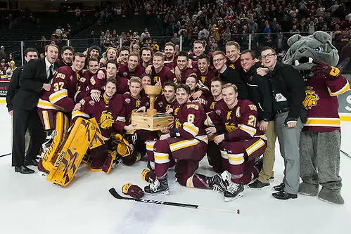 The Bulldogs are the 2017 North Star College Cup Champions. 28 Jan 17: The University of Minnesota Duluth Bulldogs play against the St. Cloud State University Huskies in the Championship game of the North Star College Cup at the Xcel Energy Center in St. Paul, MN. (Jim Rosvold)