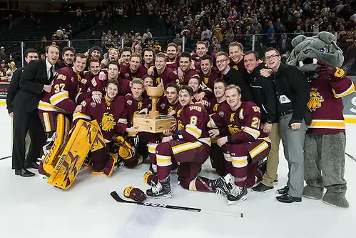 Photo By: Jim Rosvold The Bulldogs are the 2017 North Star College Cup Champions. 28 Jan 17: The University of Minnesota Duluth Bulldogs play against the St. Cloud State University Huskies in the Championship game of the North Star College Cup at the Xcel Energy Center in St. Paul, MN. (Jim Rosvold)