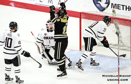 Western Michigan's Aidan Muir celebrates his goal during the third period. Omaha beat Western Michigan 6-3 Saturday night at Baxter Arena. (Photo by Michelle Bishop) (Michelle Bishop)