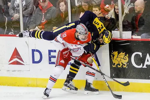 FEB 25, 2017: John Wiitala (OSU - 10), Griffin Luce (UM - 5).  The #12 Ohio State Buckeyes get shut out 1-0 by the University of Michigan Wolverines at the Schottenstein Center in Columbus, OH. (Rachel Lewis)