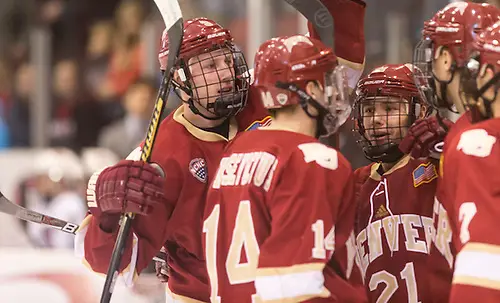 Tariq Hammond (Denver-3) Jarid Lukosevicius (Denver-14)  Michael Davies (Denver-21) 17 Jan.20  Denver Pioneers and St. Cloud State University meet in a NCHC conference match-up at theHerb Brooks National Hockey Center (Bradley K. Olson)