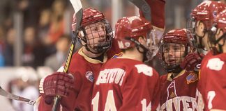 Tariq Hammond (Denver-3) Jarid Lukosevicius (Denver-14) Michael Davies (Denver-21) 17 Jan.20 Denver Pioneers and St. Cloud State University meet in a NCHC conference match-up at theHerb Brooks National Hockey Center (Bradley K. Olson)