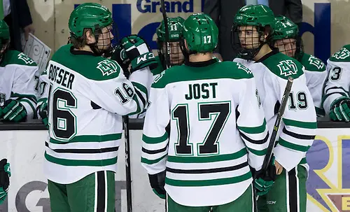 Brock Boeser (North Dakota-16) Tyson Jost (North Dakota-17) Shane Gersich (North Dakota-19) 17 Feb.25  University Nebraska Omaha and the University of North Dakota meet in a NCHC game at the Ralph Engelstad Arena in Grand Forks, ND (Bradley K. Olson)