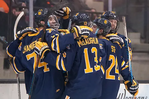 Canisius players celebrate a third period goal in a 3-1 win at RIT (Omar Phillips)