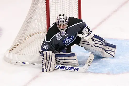 Photo By: Omar Phillips Paul Berrafato (36 - Holy Cross) had 27 saves in a 4-0 win at RIT (Omar Phillips)
