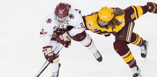 Andie Anastos (BC - 23), Lee Stecklein (Minnesota - 2) - The University of Minnesota Golden Gophers defeated the Boston College Eagles 3-1 to win the 2016 NCAA national championship on Sunday, March 20, 2016, at the Whittemore Center Arena in Durham, New Hampshire. (Tim Brule)