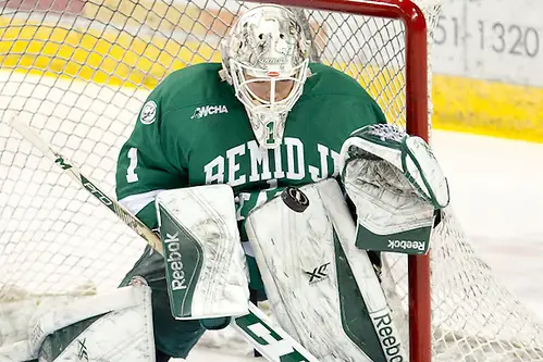 Photo By: Jim Rosvold 22 Jan 16: Michael Bitzer (Bemidji State - 1). The Bemidji State University Beavers host the Ferris State University Bulldogs in a WCHA Conference matchup at the Sanford Center in Bemidji, MN. (Jim Rosvold)