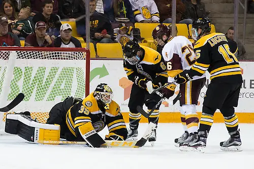 01 Oct 16:  Matt Wintjes (Michigan Tech - 35), Chris Leibinger (Michigan Tech - 6), Jade Miller (Minnesota Duluth - 26), Jake Lucchini (Michigan Tech - 15). The University of Minnesota Duluth Bulldogs host the Michigan Technological University Huskies in a non-conference matchup at Amsoil Arena in Duluth, MN. (Jim Rosvold/USCHO.com)