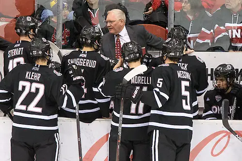 Photo By: Jim Rosvold 9 Jan 16: Dean Blais (Omaha - Head Coach). The St. Cloud State University Huskies host the University of Nebraska-Omaha Mavericks in a NCHC matchup at the Herb Brooks National Hockey Center in St. Cloud, MN. (Jim Rosvold)
