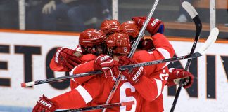 Cornell celebrates a goal by Jeff Malott (Cornell - 22). ((c) Shelley M. Szwast 2016)