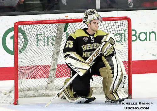 Western Michigan goalie Ben Blacker. Omaha beat Western Michigan 6-3 Saturday night at Baxter Arena. (Photo by Michelle Bishop) (Michelle Bishop)