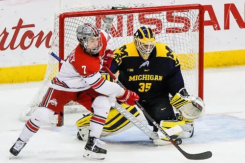 Photo By: Rachel Lewis FEB 25, 2017: Nick Schilkey (OSU - 7), Zach Nagelvoort (UM - 35). The #12 Ohio State Buckeyes get shut out 1-0 by the University of Michigan Wolverines at the Schottenstein Center in Columbus, OH. (Rachel Lewis)