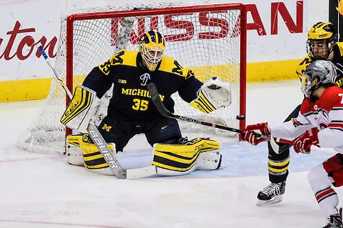 FEB 25, 2017: Zach Nagelvoort (UM - 35), Nick Schilkey (OSU - 7), Luke Martin (UM - 2).  The #12 Ohio State Buckeyes get shut out 1-0 by the University of Michigan Wolverines at the Schottenstein Center in Columbus, OH. (Rachel Lewis)