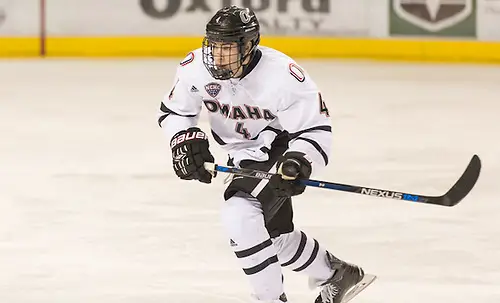Photo By: Bradley K. Olson Luc Snuggerud (University Nebraska Omaha-4) 16 Jan. 16 University of North Dakota and University of Nebraska Omaha meet in a NCHC conference match-up at the Ralph Engelstad Arena in Grand Forks, ND (Bradley K. Olson)