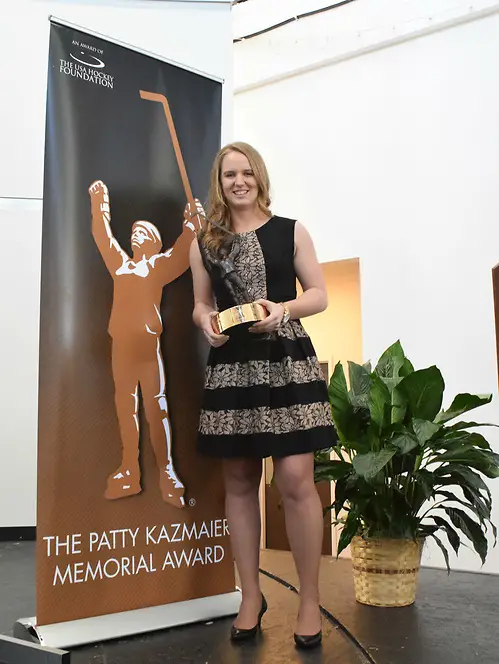 Ann-Renée Desbiens with the 2017 Patty Kazmaier Award. (Nicole Haase)