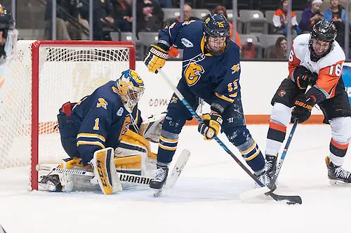 Erik Brown (16 - RIT) attempts to get the puck from Cody Boyd (15 - Canisius) (Omar Phillips)