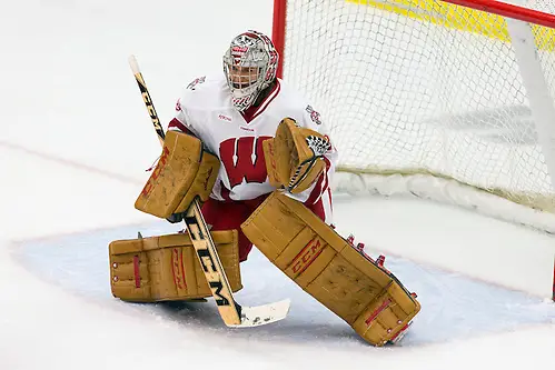 Wisconsin Badgers goalie Ann-Renee Desbiens (30) defends during an NCAA women's hockey game against the Ohio State Buckeyes Friday, October 10, 2014, in Madison, Wis. The Badgers won 6-0. (Photo by David Stluka (David Stluka)