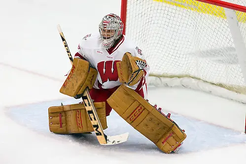 Ohio State Wisconsin Women's Hockey Wisconsin Badgers goalie Ann-Renee Desbiens (30) defends during an NCAA women's hockey game against the Ohio State Buckeyes Friday, October 10, 2014, in Madison, Wis. The Badgers won 6-0. (Photo by David Stluka (David Stluka)