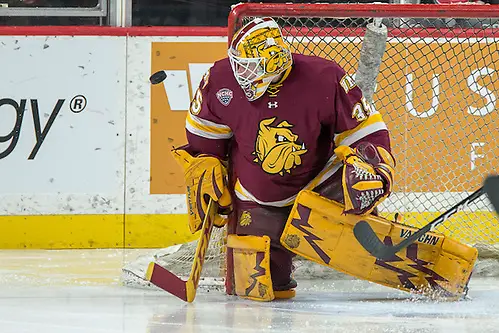 28 Jan 17: Hunter Miska (Minnesota Duluth - 35). The University of Minnesota Duluth Bulldogs play against the St. Cloud State University Huskies in the Championship game of the North Star College Cup at the Xcel Energy Center in St. Paul, MN.).  The University of Minnesota Duluth Bulldogs play against the St. Cloud State University Huskies in the Championship game of the North Star College Cup at the Xcel Energy Center in St. Paul, MN. (Jim Rosvold)