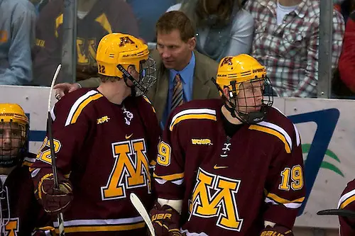 Photo By: Jim Rosvold 18 Nov 11: Grant Potulny (Minnesota - Coach) The St. Cloud State University Huskies host the University of Minnesota Golden Gophers in a WCHA conference match-up at the National Hockey Center in St. Cloud, MN. (Jim Rosvold)