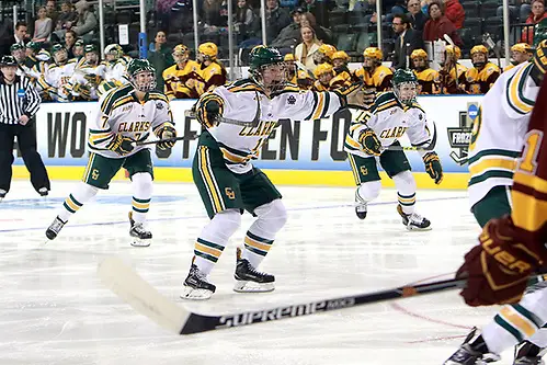 Photo By: Don Adams Jr. Ella Shelton (center) celebrates a Clarkson goal in the third period of a 2017 NCAA Frozen Four semifinal at Family Arena in St. Charles, Mo. (Don Adams Jr.)