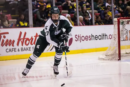Photo By: Michael Dubicki 5Feb16: Mason Appleton (MSU-27)The Michigan Wolverines take on the Michigan States Spartans at the annual Duel in the D at the Joe Louis Arena. (Michael Dubicki)
